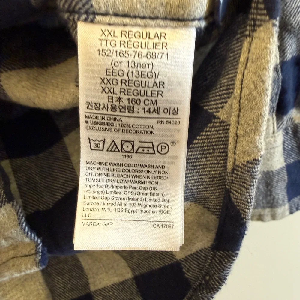 GAP Kids Boys Plaid Long Sleeve Button‎ Down Shirt XXL Regular Blue Grey
